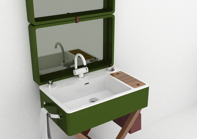 Meuble lavabo original en vert  pieds en bois olympiaceramica