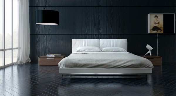 Sombre mais élégante chambre à coucher minimaliste  grand lit confort