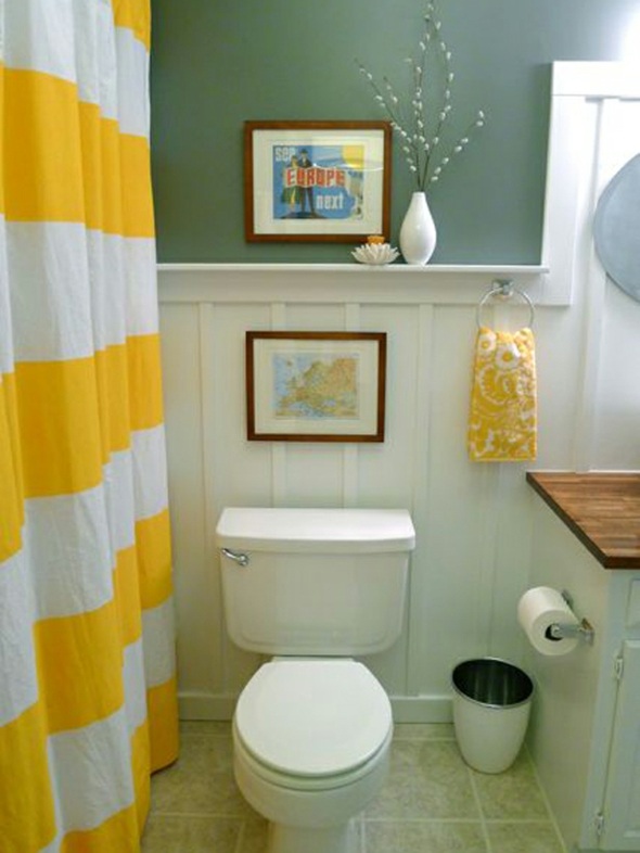 salle bain rideaux jaune blanc