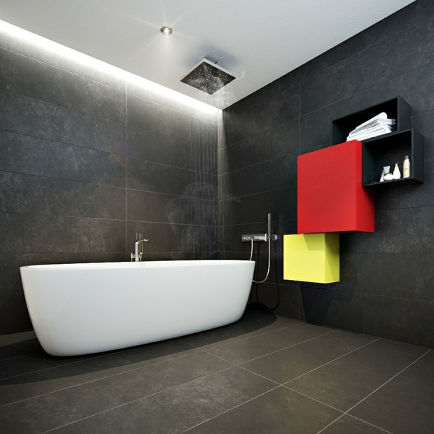salle de bain carrelage noir étagères murales accents couleur