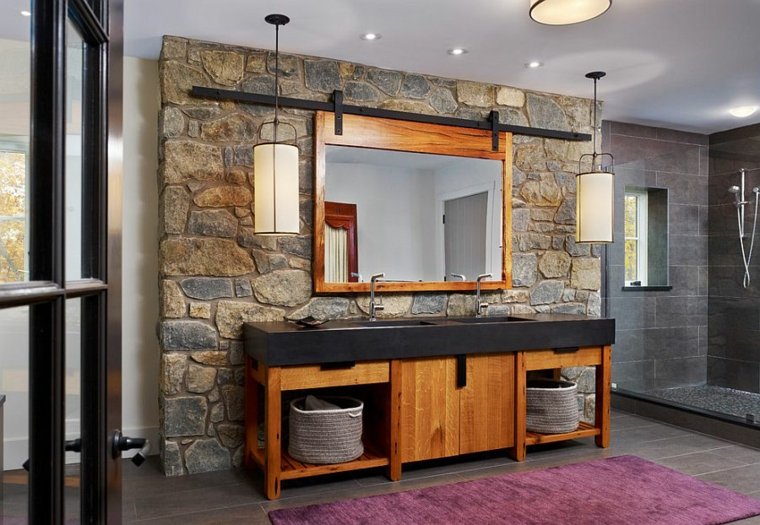 salle de bains pierre bois design luminaire suspension tapis rose 