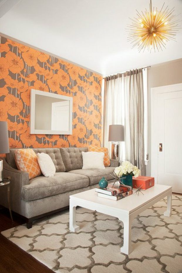 salon deco gris orange motifs floraux