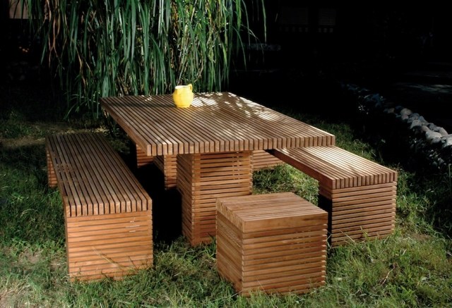salon de jardin bois design-moderne-table-bancs