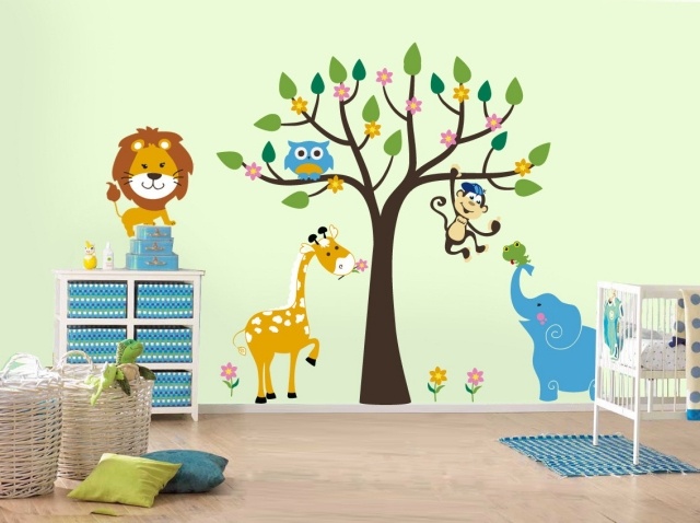 stickers-chambre-bébé-thème-jungle-animaux-sauvages-arbre-accents-bleus