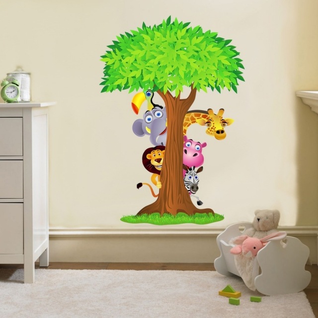 stickers-chambre-bébé-thème-jungle-arbre-animaux-sauvages-souriants stickers chambre bébé
