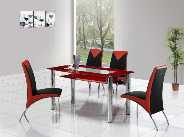 table-salle-à-manger-matériau-verre-idée-originale-couleur-rouge-noire