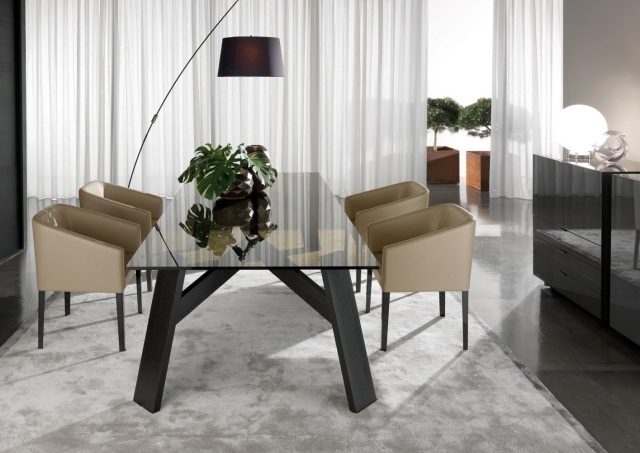 table-salle-à-manger-matériau-verre-idée-originale-forme-rectangulaire-chaises-beige