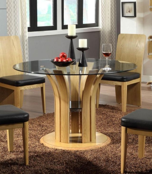 table-salle-à-manger-matériau-verre-idée-originale-forme-ronde-support-bois