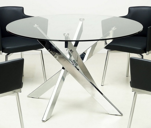 table-salle-à-manger-matériau-verre-idée-originale-forme-ronde-support-inox