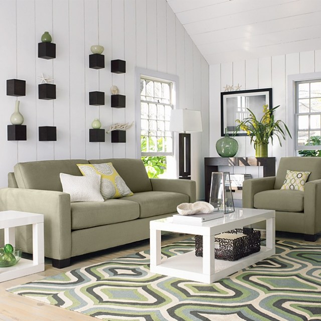 tapis de salon moderne blanc motifs verts