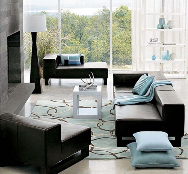 tapis de salon moderne bleu clair mobilier cuir