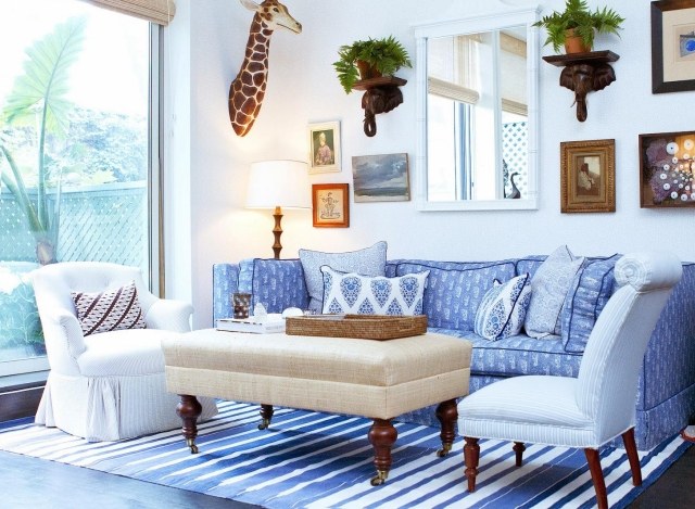 tapis de salon rayure bleu blanc décoration