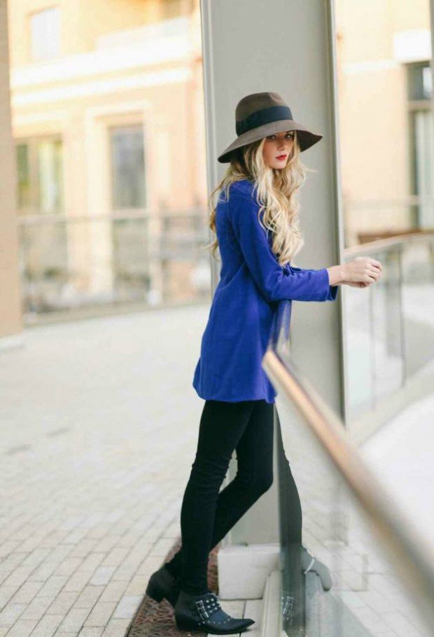 tenue-femme-2014-automne-veste-bleue-capéline-marron-bottines-noires tenue femme 2014