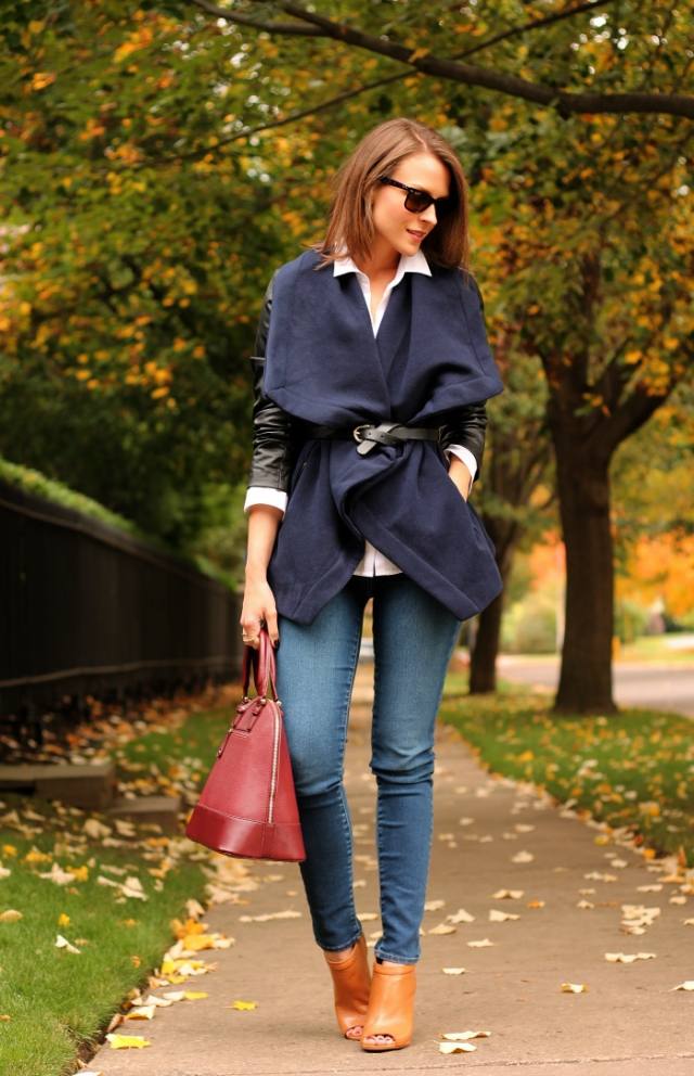 tenue-femme-2014-automne-veste-élégnte-bleu-foncé-bottines-marron-clair-sac-main-bordeaux tenue femme 2014