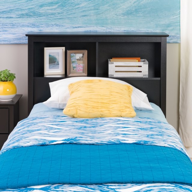 tête-lit-rangement-bois-noir-étagères-table-chevet tête de lit