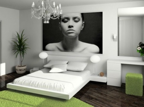 vue lit blanc tapis vert chambre moderne