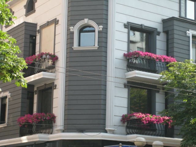 Quatre balcons fleurs roses batiment gris