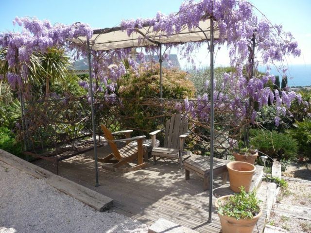 Déco florale de pergola chaises bois sous pergola plantes couleur fleurs violet