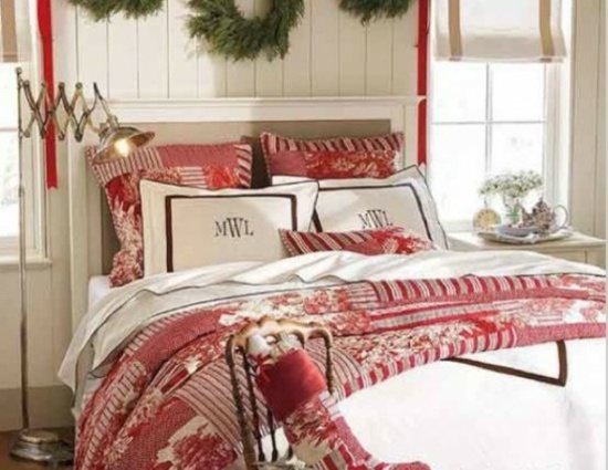 chambre à coucher rustique déco noel couvertures rouges