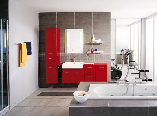salle de bain ultra moderne cabinets accents rouges