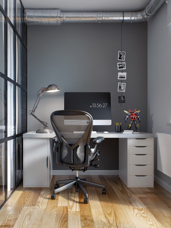 Petit espace travail simplement décoré gris bureau