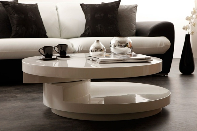 basse table design laquee blanche plateaux pivotants 