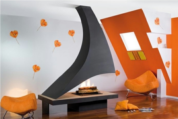 cheminee moderne couleur gris chambre orange