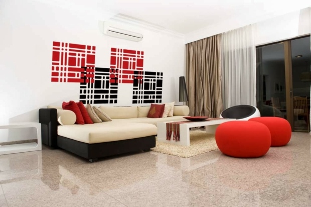 décoration peinture salon moderne canapé rouge