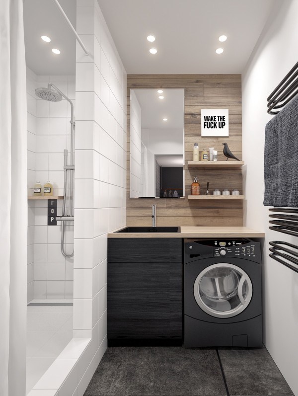 petit espace salle de bains laverie blanc et noir contrasté