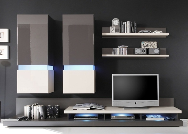 meuble tv design laque gris anthracite beige led