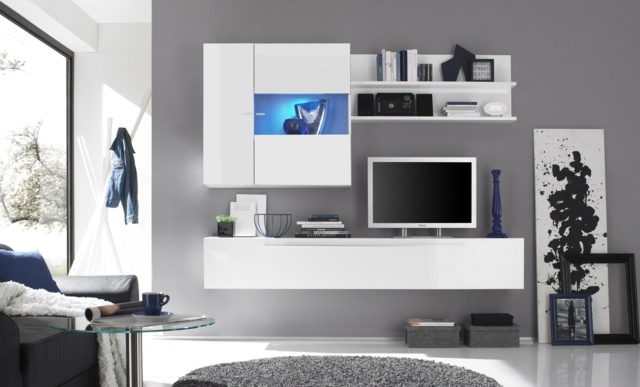 meuble tv design murale blanc laque led