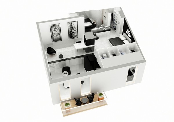 Plan deuxième étage loft minimaliste  noir blanc