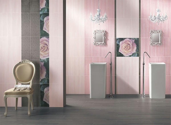 salle bain deco motifs floraux rose