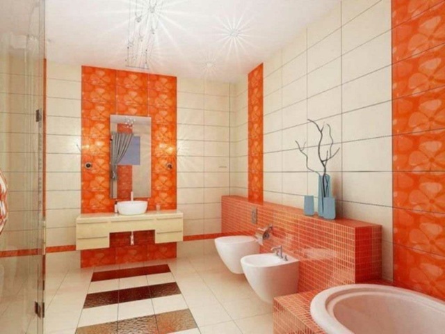 salle de bain orange blanc carrelage