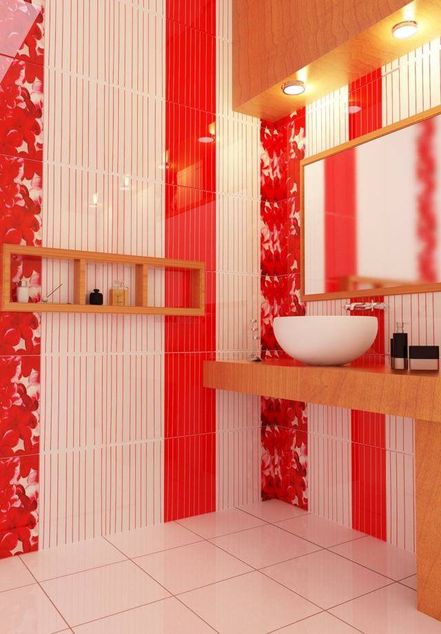 salle de bain rose blanc carrelage meuble bois