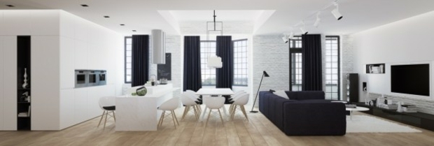 vaste salon blanc et noir mobilier contrastant