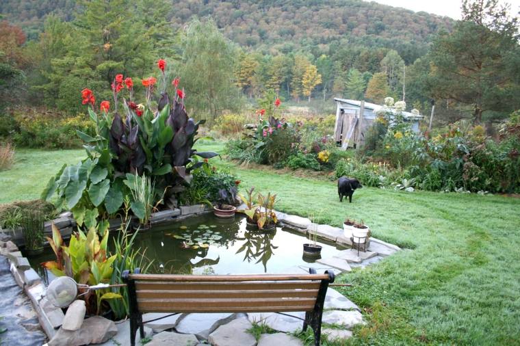 bassin jardin japonais idée banc bois fleurs