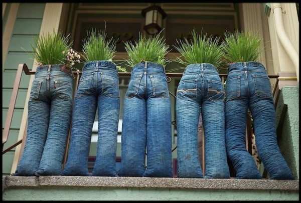 approche humoriste jardinières en forme de jeans