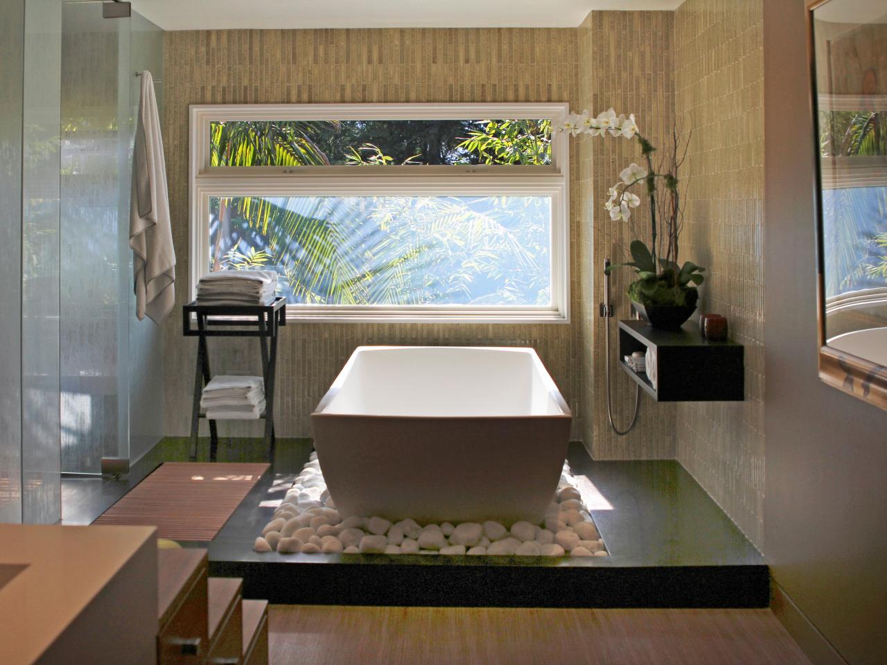 meuble design baignoire salle de bain meuble nature éco naturel cailloux serviette palme plantes blanc simple