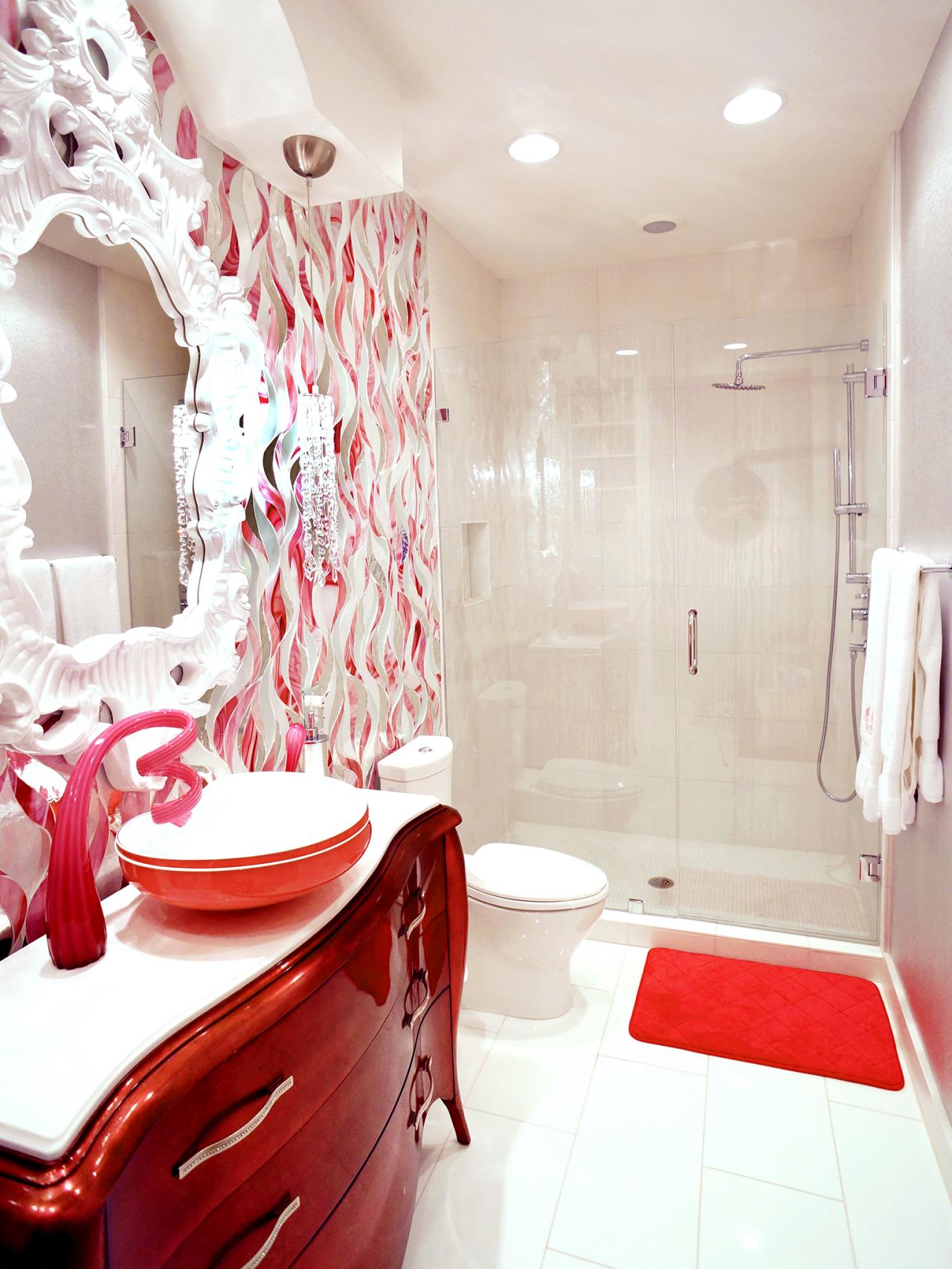 douche cabine toilettes salle de bain rouge rose eclectique peinture art mirroir ration-design-moderne-style-design-d'interieur