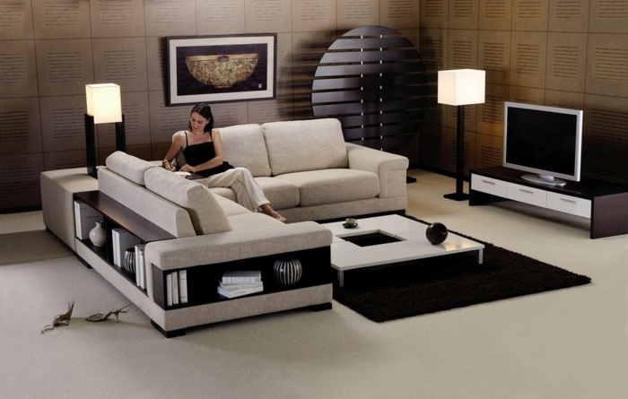 salon de lecture canapé rangements fonctinnel moderne idée déco salon canapé d'angle beige 