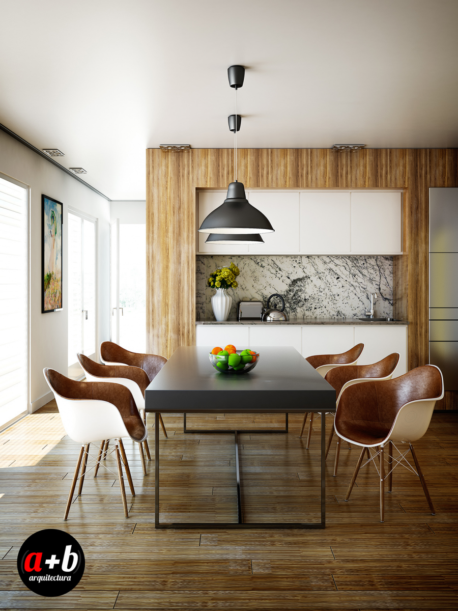 salle à manger contemporaine chaise en cuir très design lampe suspendue noire bois 