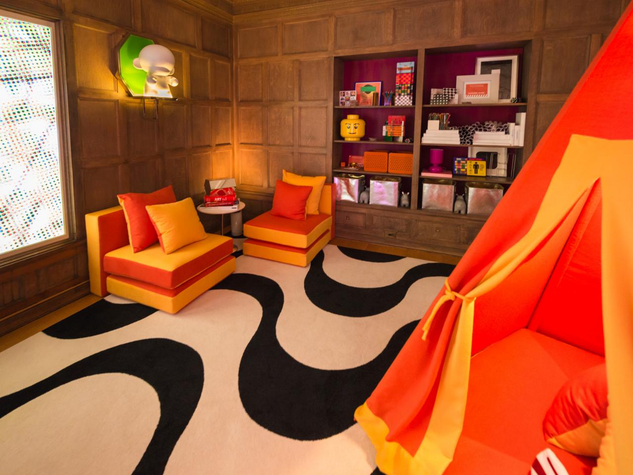 design chambre garçon ado cool moderne orange décoration design lego canapé orange jaune bibliothèque tente lit