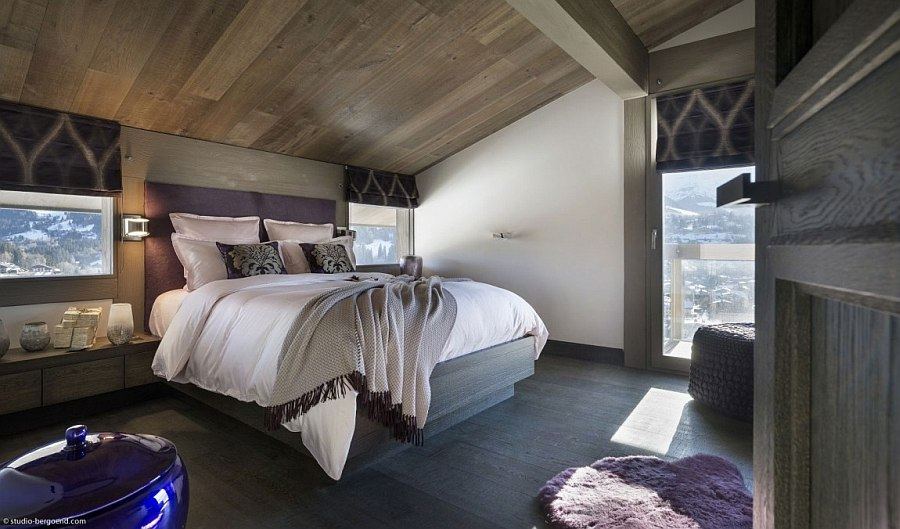 grand lit draps chambre à coucher belle vue intimité alpes montagne richesse cher moderne design architecture d'intérieur meuble design coussin