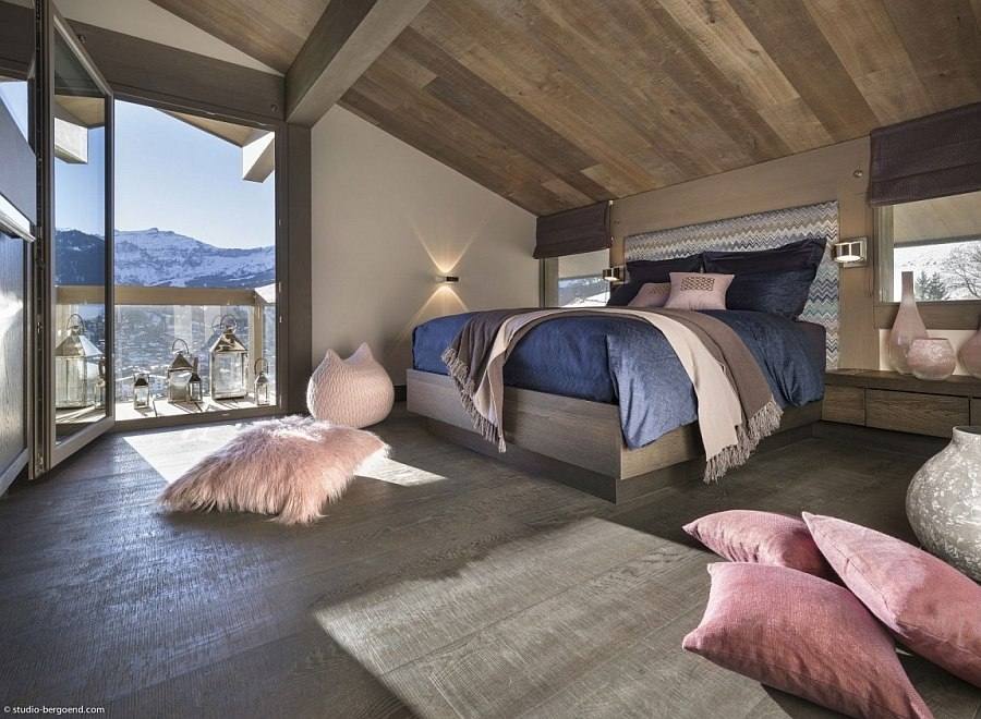 chambre à coucher coussin rose balcon moderne design chalet location france alpes megève ski vacances