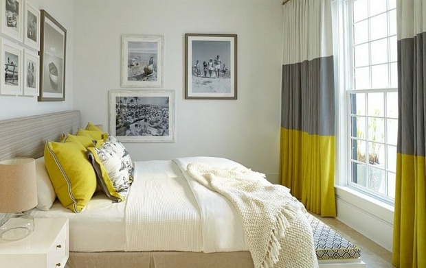 chambre design rideaux jaune gris