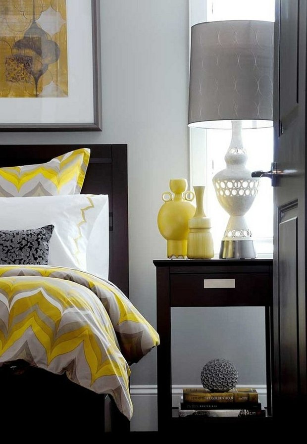 chambre grise et jaune design moderne