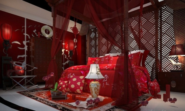 chambre à coucher nuances rouges lit baldaquin