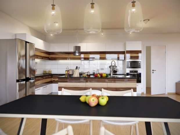 cuisine moderne en bois massif intérieur blanc lampe suspendue table de cuisine noire chaise de cuisine blanche