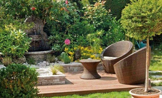 deco jardin exterieur terrasse bois bordure pierre
